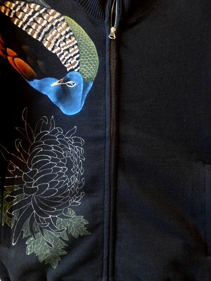 手描きジップジャケット　孔雀と菊